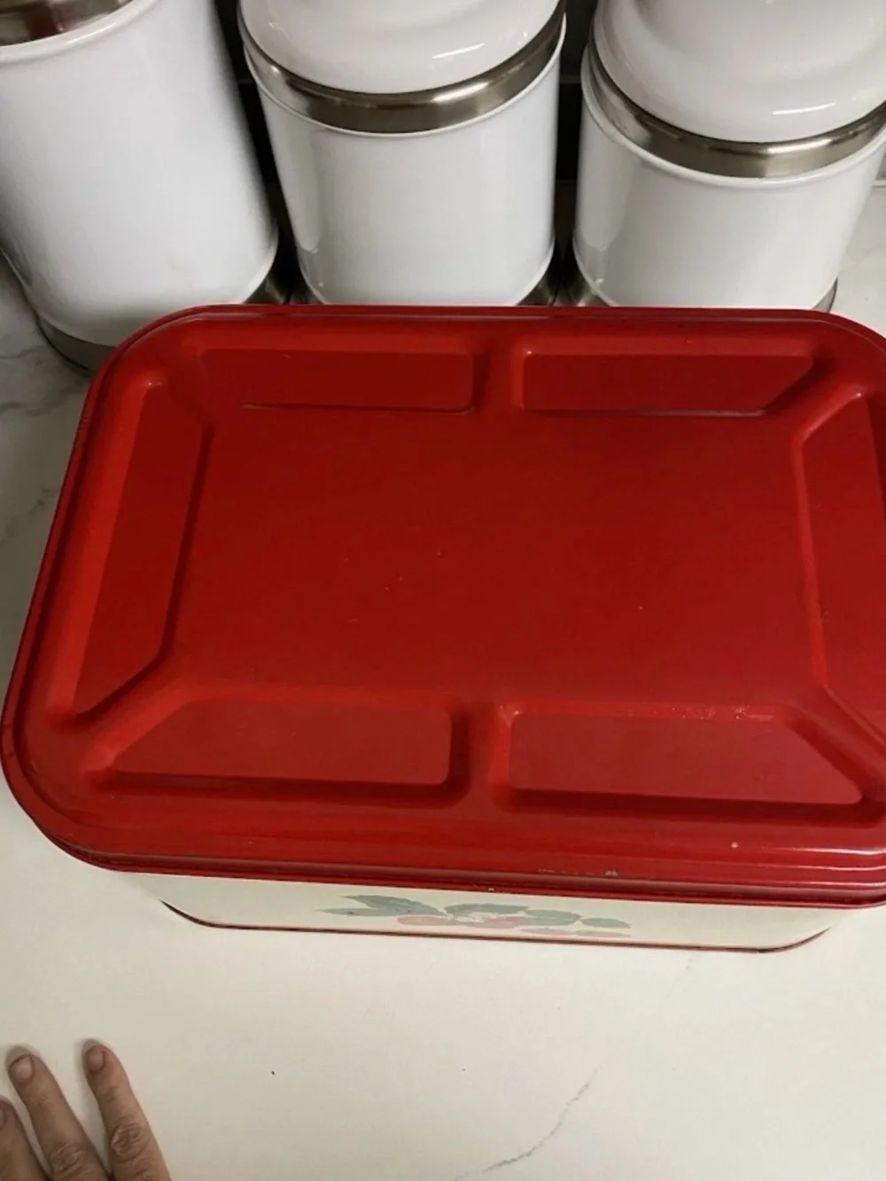 Vintage Strawberry Shabby Chic Hinged Red Metal Bread Box & Canister Set